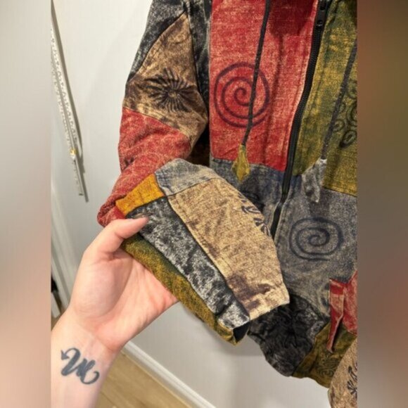 Hippie Boho Vintage Retro Cotton Symbols Fleece Lined Jacket Festival Nepalese - Picture 4 of 11